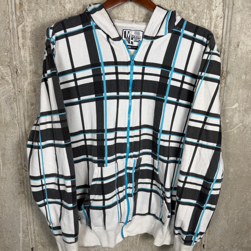 Modern Hero Mens‎ Large Full Zip Hoodie Plaid Black White Blue Streetwear Y2K L